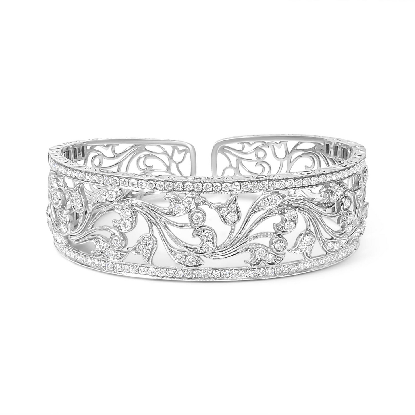 18K White Gold 3 1/4 Cttw Pave Diamond Openwork Floral Filigree Swirl Bangle Cuff Bracelet (