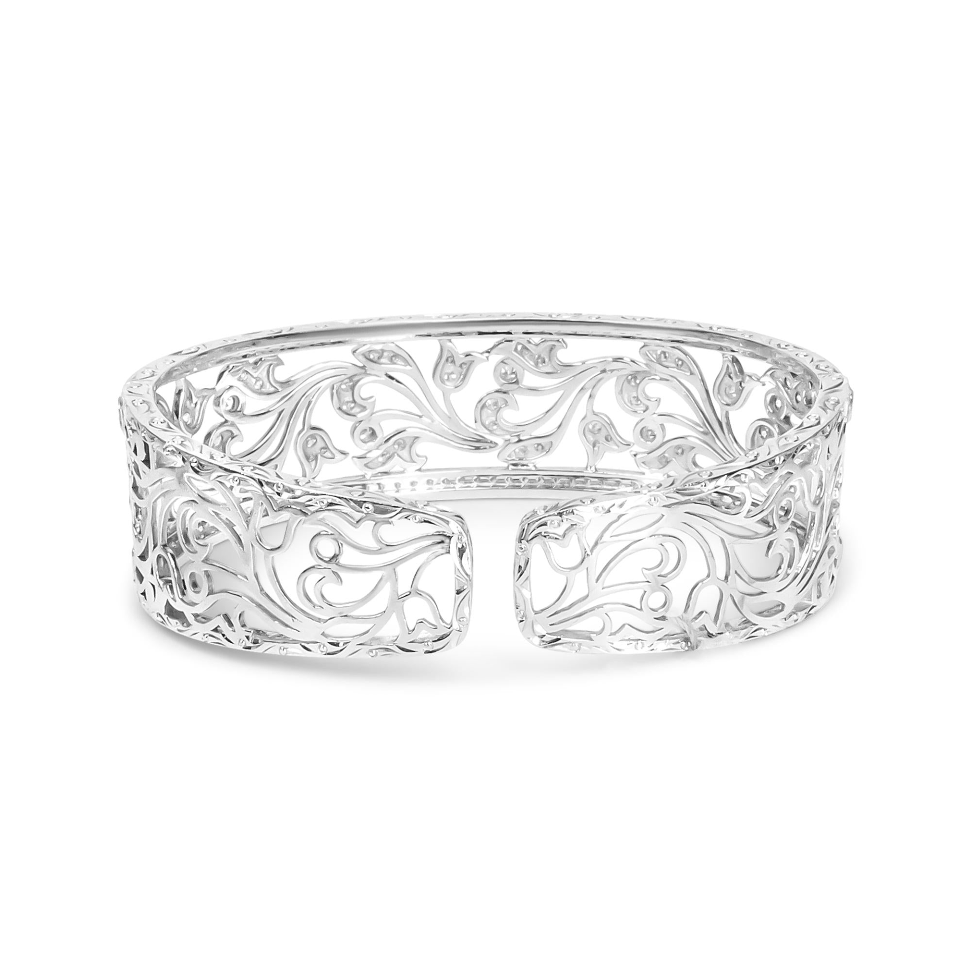 18K White Gold 3 1/4 Cttw Pave Diamond Openwork Floral Filigree Swirl Bangle Cuff Bracelet (