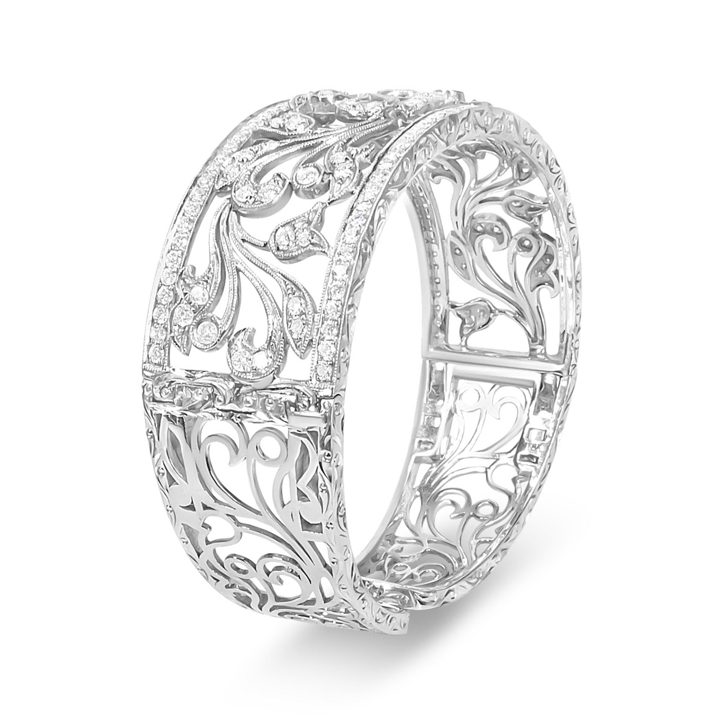 18K White Gold 3 1/4 Cttw Pave Diamond Openwork Floral Filigree Swirl Bangle Cuff Bracelet (